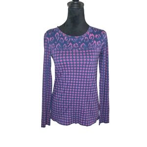 Tory Burch Long Sleeve Fitted‎ Pima Cotton Tee Blue Purple Floral Print XSmall